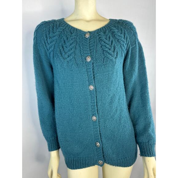 American Vintage Handknit cardigan in blue with silver buttons size medium - Picture 1 of 12
